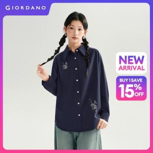 Giordano Women Embroidery single pocket long sleeve shirt Free Shipping 18346236