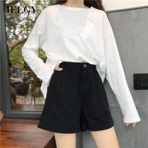 IELGY Quần Đùi Denim Màu Trơn Cạp Cao Dáng Rộng Phong Cách Hàn Quốc Cho Nữ