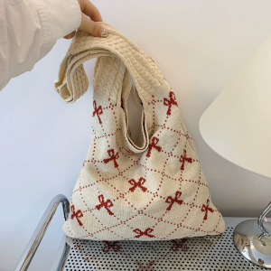 Tas Rajut Motif baru LOOYOYU Knit Bag Rajutan Tas Tangan Bahu Rajutan Wol Warna Solid Baru Rajut Berongga Wanita