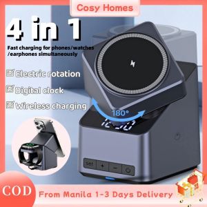 4 In 1 Magnetic Wireless Charger with Digital Clock Display Foldable Adjustable Wireless Charger for iPhone iWatch AirPods