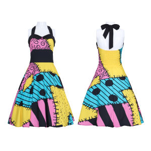 Womens Dress Halloween cospaly Movie Sally Digital Print Tie Stripe Dress X