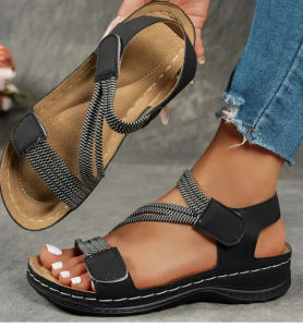 [Free Shipping] New WomenS Plus-Size Sandals With Stitched Detailing Wedge Heel And Velcro Straps