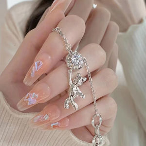 Berlian Hancur Gradien Oranye Kuku Panjang Berlian Disisipkan Manikur Peri yang Lembut dan Elegan fake nail kuku palsu + lem nail art