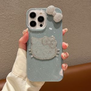 【New】3D Bow Diamond Pink Kitty Princess Pattern Glitter IMD Phone Case For iPhone 11 12 13 14 15 16 Series