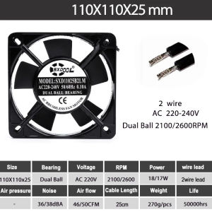 1pcs SXDOOL 11cm 110mm AC 220V/240V Dual Ball 50/60Hz 110X110X25mm metal Frame AC Fan Exhasut Fan Indsutry Cooling Fan