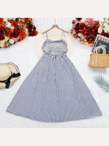 เดรสสายเดี่ยวลายทางผู้หญิงสไตล์เกาหลีใส่สบาย คอสี่เหลี่ยม ผ้าโพลีเอสเตอร์