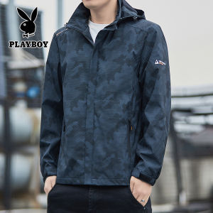 PLAYBOY Mens detachable hooded windproof waterproof outdoor oversized work jacket spring and autumn jacket for men