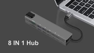 (HD1)Type C Hub 81 TF SD RJ45 4K USB PDPC Hab Type C 8 Dalam 1 Kad TF SD RJ45 Pembaca ke 4K HD Penyesuai USB PD Pengecasan Pantas untuk Laptop PC