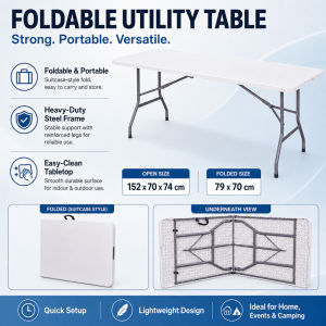 Hakimi Foldable Table-Durable HDPE Folding Table 1.2M/1.5M/1.8M Heavy-duty Portable Outdoor Camping Folding Table