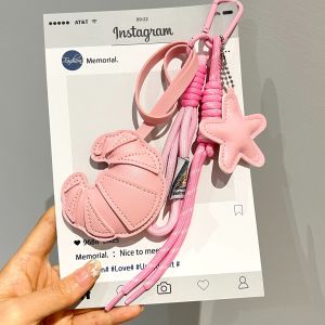 Leather croissant bag milk tea coffee ice cream accessory pendant bag charm handmade woven rope keychain