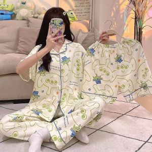 High Quality Pajamas Japanese Style ins Stitch Pajamas for Women Ice Silk Summer Short Sleeve Three-Piece Set Thin Loose Homewear for Students