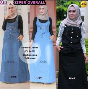 Overall Wanita Muslim Aksen Zipper Jumpsuit Jeans Dress Panjang No Inner