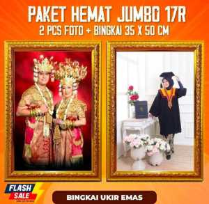 Dapat 2 pcs cetak foto jumbo + frame bingkai ukir gold premium ( bukan kayu ) ukuran 17 r (35x50 cm ) tanpa kaca / hiasan dinding / cuci cetak foto besar