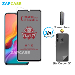 Paket 3in1 Anti Gores Layar Privasi Infinix Hot 8 Free Tempered Glass Camera dan Skin Carbon