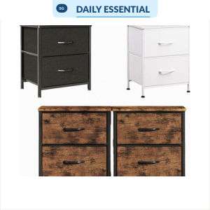 【DAILY ESSENTIAL】 Fabric Drawer Sidetable | 2-Tier Bedside Cabinet with Wooden Top & Steel Frame