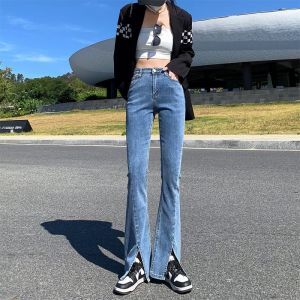 IELGY Slit Jeans Womens High Waist Elastic Drape Micro-flare All-match Slim Fishtail Small Flared Pants