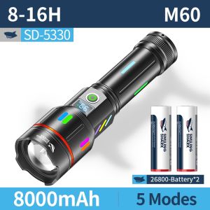 SMILING SHARK SD5330 LED Torch Light Super Bright M60 7000LM 5Mode 26800 Type-c Rechargeable Flashlight Waterproof Outdoor Camping Lighting