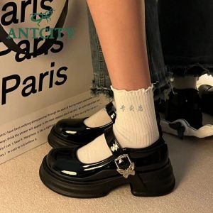 Free Shipping Height-Increasing Summer Black Round-Toe JK Platform High-Heeled Leather Shoes For Women Suitable For Spring And Autumn With A Retro Style