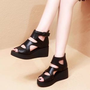 Free Shipping New Women’S Sandals For Summer: Breathable Versatile Black High-Heeled Shoes With A Single-Strap Design Thick Platform Sole And Wedge Heel