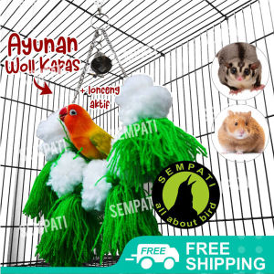SEMPATI Ayunan Bola Wol Kapas Puffy Mainan Burung Lovebird Kenari Parkit Nuri Beo Merpati Sugar Glider Hamster Marmut Tangkringan Tenggeran Gantung Plus Lonceng GTLPT