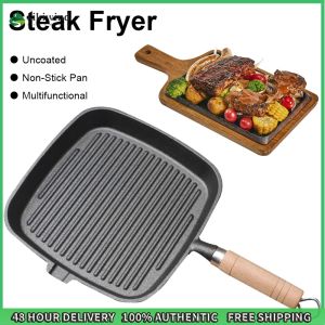Sikiwind Iron Skillet Steak Pan with Wooden Handle Uncoated Non-stick Frying Pan Cooking Pot Steak Frying Pot Camping Indoor and Outdoor Use