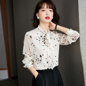 【 stock】Women Blouse Korean Top Chiffon Casual Printed Shirts Tops Long Sleeves Blouses