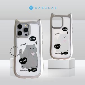 NEW 3D CASE ! HIERA 3D CUTE CAT AND PUPPY CASE FOR IPH COMPATIBLE FOR IP 15 PROMAX 15 PRO 15 PLUS 15 14 PROMAX 14 PRO 14 PLUS 14 13 PROMAX 13 PRO 13 12 PROMAX 12 PRO 12 11 PROMAX 11 SOFTCASE 3D EAR ELECTROPLATED SILVER MATTE CUTE ANIMAL