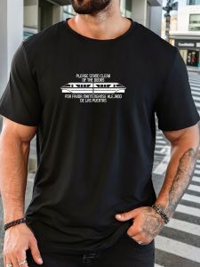 Mens PLEASE STAND CLEAR OF THE DOORS pattern summer casual round neck short T-shirt
