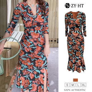 ZYHT (Giải phóng mặt bằng Sử dụng phiếu giảm giá)  đầm đuôi cá váy hoa Cổ chữ v Lưới bọc hông xếp ly trung bình và dài Váy nghỉ dưỡng bên bờ biển in hoa eravogue 4896