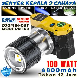 Senter Kepala 3 Warna Cahaya / Sensor Tangan / Teleskop / 100 Watt / 4800mAh / Tahan 12 Jam / Headlamp 3 Warna ZXT-818-3 Premium