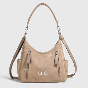 ALO Women Suede Hobo Shoulder Bag Contrast Leather Handle Metal Letter Front Zip Pockets Detachable Crossbody Strap Casual Bag