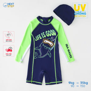 Đồ bơi bé trai liền thân tay dài chất vải chống nắng mềm mại và co giãn họa tiết cá mập có size cho bé từ 9kg đến 30kg