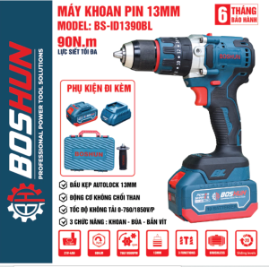 Máy Khoan Pin BOSHUN Đầu Kẹp 13 BS-ID1390BL Động Cơ Không Chổi Than Lõi Đồng Siêu Khoẻ