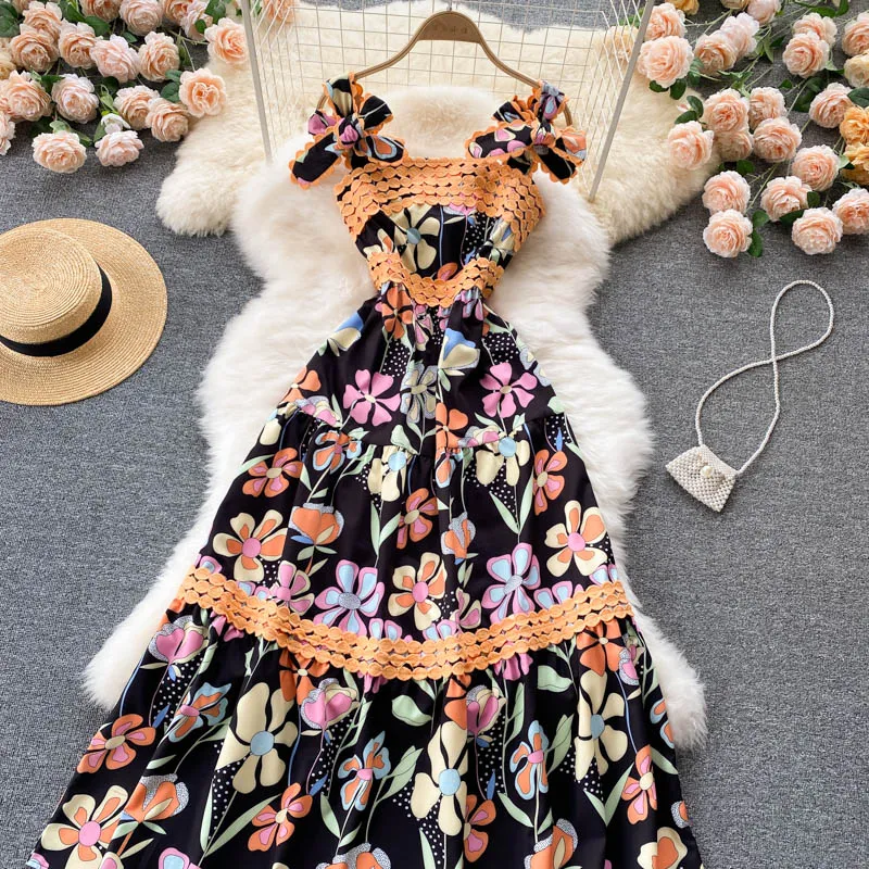 Summer Floral Dress Women Off Shoulder Flared Sleeve Layer Dresses Woman  Elegant Floral Print Party Dress