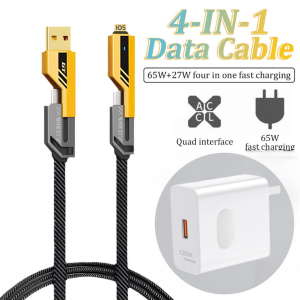 4 in 1 PD 27W 65W Zinc Alloy Aluminum Super Fast charging data cable with 120W Adapter double USB type C For Android IPhone multi-function Quick data cable Durable Electronic Mobile Cellphone Smartphone plug Charger Device Cordless
