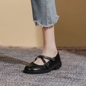 Mary Jane black small leather shoes for women with 3 cm heels British style Loafers