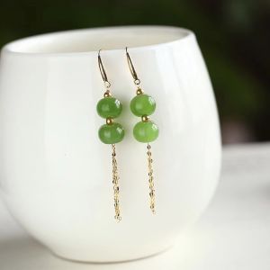 Montagne Jewelry 18k Pure Gold Earring Lucky Lanterns Design Fine Jewellery Natural 8mm Grade A Green Jade Earring Drop Earrings