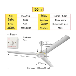 56 Inches Inverter Ceiling Fan Heavy Duty Electric Fan Standard Industrial Wall Fans 3 Blades Strong Wind Large Size Ceiling Fans For Living Room Energy Saving