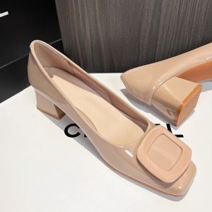 [Free Shipping] Square-Toe Chunky-Heel Pumps For Women 2026 Autumn New Collection Featuring A Square Buckle Nude Color Elegant Design Shallow Opening And Patent Leather Upper