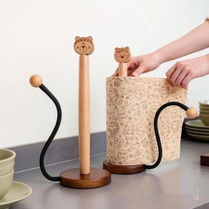 YERZ One-handed Tear Wooden Roll Paper Towel Holder Free Standing Stable Disposable Paper Holder Creative Cartoon Bear Tissue Stand for Kitchen