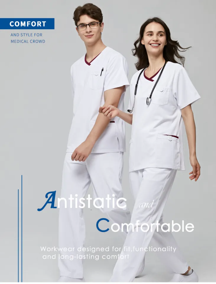 ANNO White Scrubs Set Anti-Static Professional Medical Clothes Nurse Staff  Uniforms with 1% Conductive Wire Hospital Work Suit Nurding Uniform