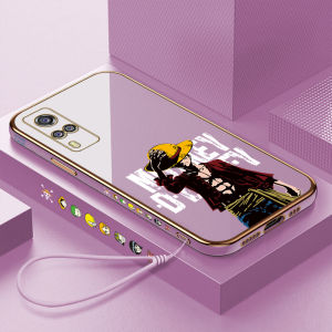 (With Lanyard) UCUC CellPhone Case For Vivo Y31 2021/vivo Y51 2020/vivo Y53S 4G/Y51A 2021 vivoy53s4g Case Anime Cartoon Luffy Square Edge Pattern Casing Plated Phone Shell Luxury Plating Soft Phone Case