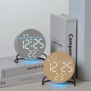 FFBH Hot Selling Home Wood Grain Digital LED Clock Multifunctional Electronic Alarm Clock with Atmosphere Light for Desktop B3K9H