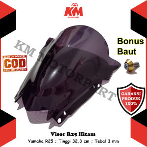 Visor Windshield Yamaha R25 Jenong Tebal 3 mm Tinggi 323 cm Hitam dan Bening