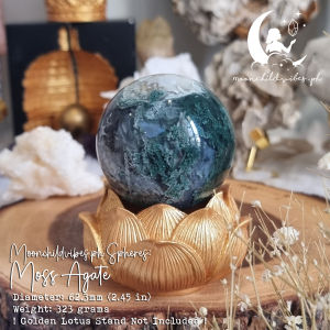 Moss Agate Crystal Sphere with wood sphere holder