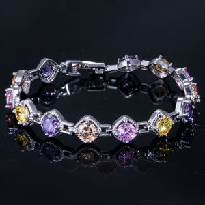 SEQUITO Fashion Women Korean Style Square Hollow Out Bracelet Paved Red Blue Green White Multicolor Round CZ Zirconia Stones Classic Silver Color Bangle Jewelry for Gathering B213