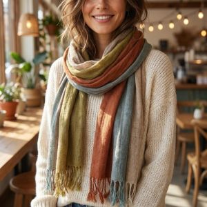 GJ56 Sọc phối màu Khăn lụa cotton Viền nhún mềm mại Polyester Khăn giữ ấm cổ Nghệ thuật Đa năng Khăn quàng cổ Phụ nữ