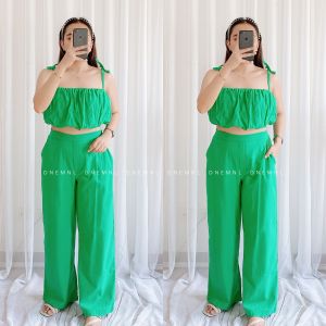 DNEMNLPH Maude Self Tie String Croptop & Highwaist Pants Set - Pocket Ruched Summer Beach Outfit Vintage 2in1 Coordinates Terno Plain Basic Garter Stretch Cotton Linen Sleeveless