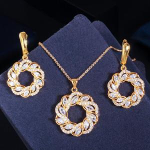 SEQUITO New Arrival Women Yellow Gold Plated Jewelry Set Pave Setting Multicolor AAAAA Cubic Zirconia Rotate Shape Hollow Earrings Necklace for Banquet SJ369