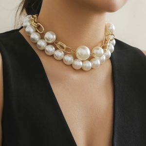 BAIXL Exaggerated Multi-layer Beaded Necklaces Bead Chain Statement Collar Chunky Clavicle Choker Advanced Punk Pearl Choker Necklace for Woman Girls